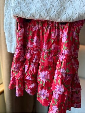 LoveShackFancy Mambo  Red Floral Tiered Mini- Skirt EUC